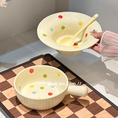 大容量汤碗陶瓷双耳泡面碗麻辣烫碗水果甜品碗带手柄奶油风草帽碗