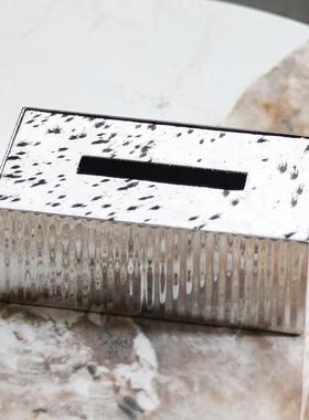 轻奢仿马毛皮革纸巾盒高档样板房酒店客厅餐厅创意金属抽纸盒摆件