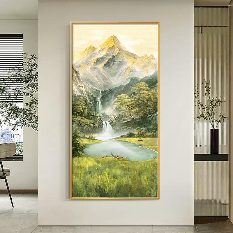 绿色风景玄关装饰画现代简约森林进门入户挂画纯手绘油画麋鹿壁画