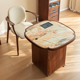 2025新款石面旋转可移动带轮茶台轻奢乌金木阳台书房小型家用茶桌