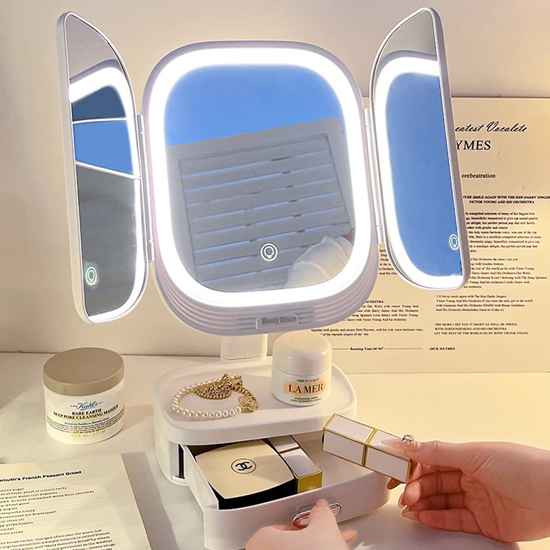 化妆镜带灯台式led桌面梳妆镜卧室折叠镜子毕业情人节礼物送女友