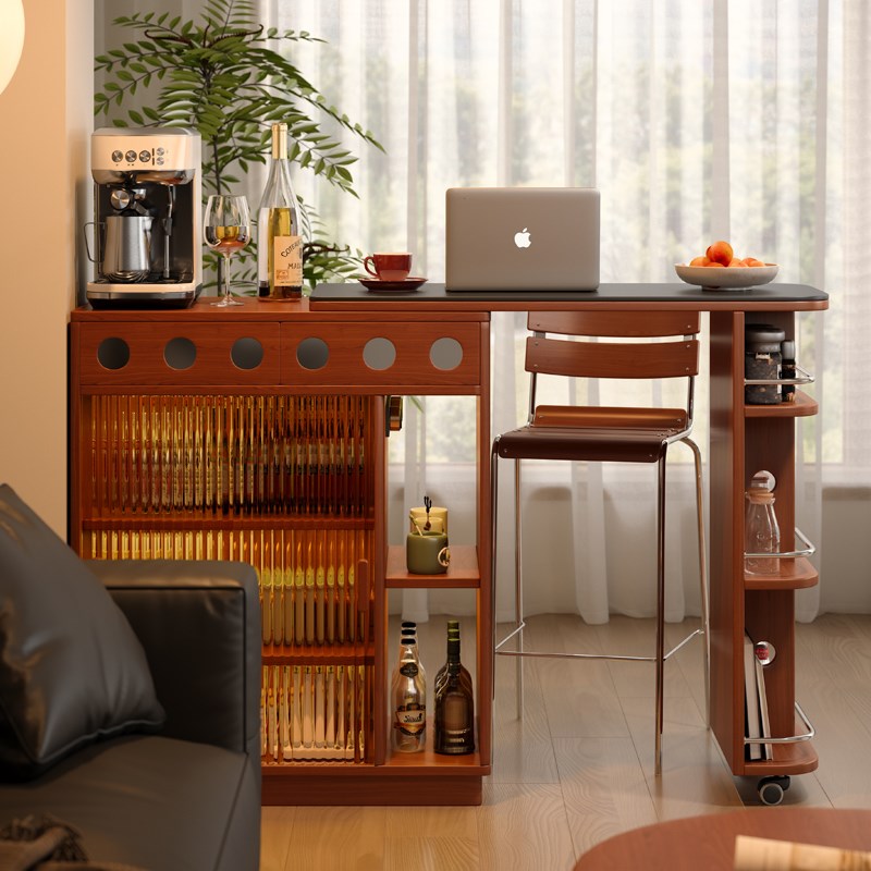 木小咖 吧台柜实木岩板岛台家用隔断柜客厅伸缩小户型家用吧台桌