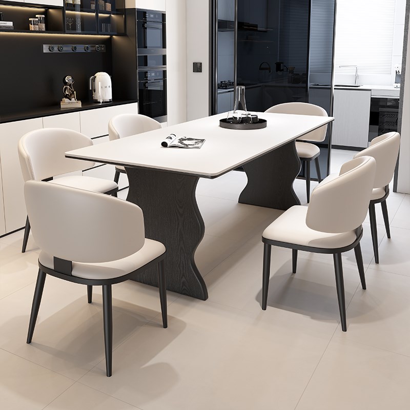 意式轻奢纯白色岩板餐桌椅组合家用现代极简小户型长方形带饭桌子