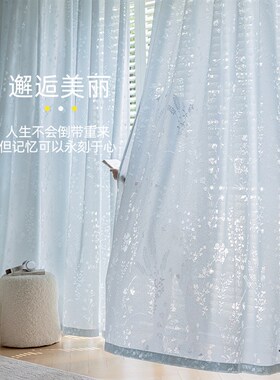 蓝色夏季防晒隔热窗帘纱帘透光不透人飘窗阳台遮阳客厅窗纱镜面纱