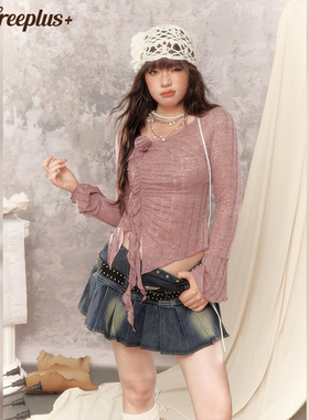 【25年秋】UNIFREEPLUS大码粉色针织长袖T恤辣妹风喇叭袖时尚上衣