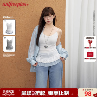 蕾丝拼接吊带背心女V领韩系外穿上衣 UNIFREEPLUS大码 25年夏