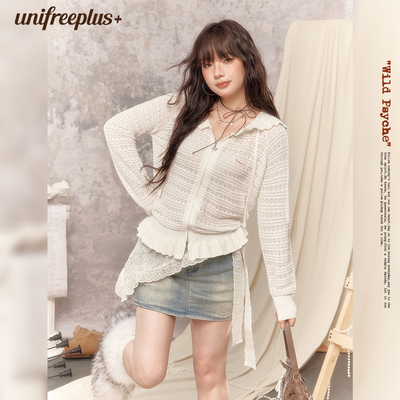 UNIFREEPLUS大码镂空连帽针织衫