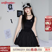 黑色拼接无袖 UNIFREEPLUS大码 女装 连衣裙休闲收腰运动风花苞裙子