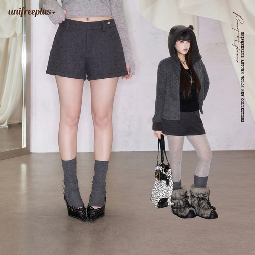 UNIFREEPLUS大码波点毛呢短裤