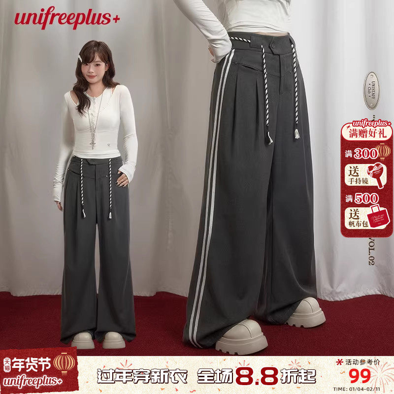UNIFREEPLUS大码美式休闲西装裤垂感大阔腿直筒复古百搭拖地长裤,女装/女士精品,大码裤装,淘宝优惠券,粉丝福利购,淘宝优惠卷