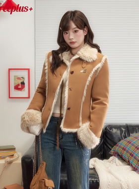 UNIFREEPLUS大码仿皮毛一体麂皮外套女翻领韩系冬季加厚新款棉衣