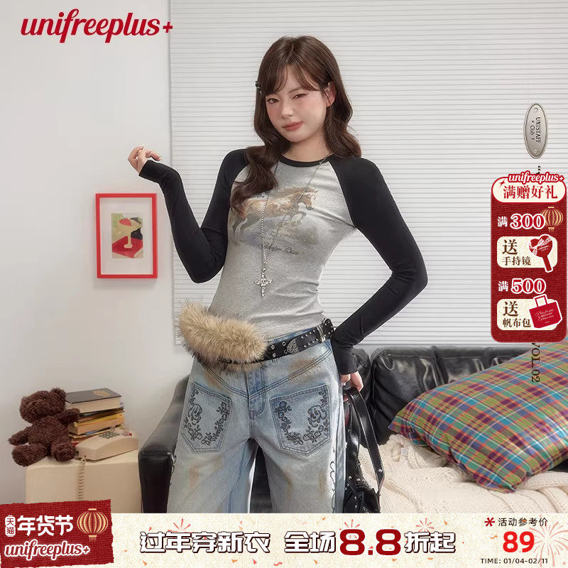 【25年秋】UNIFREEPLUS大码拼接正肩长袖T恤女复古修身显瘦上衣,女装/女士精品,T恤,淘宝优惠券,粉丝福利购,淘宝优惠卷