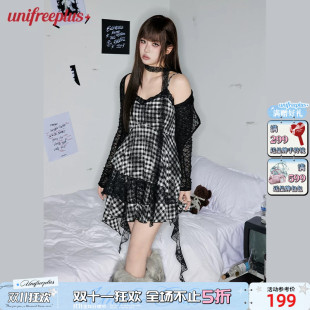 【明星同款】UNIFREEPLUS大码女装扎染格子吊带裙女显瘦连衣裙