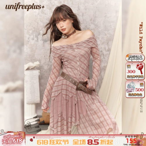 UNIFREEPLUS大码格纹长袖连衣裙