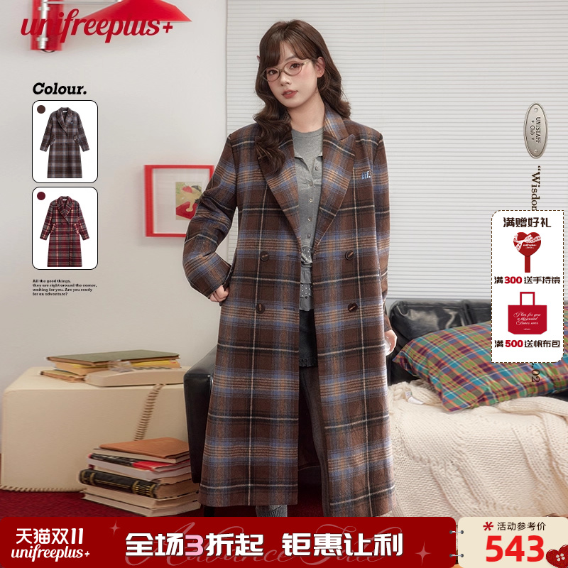 UNIFREEPLUS大码格纹毛呢外套