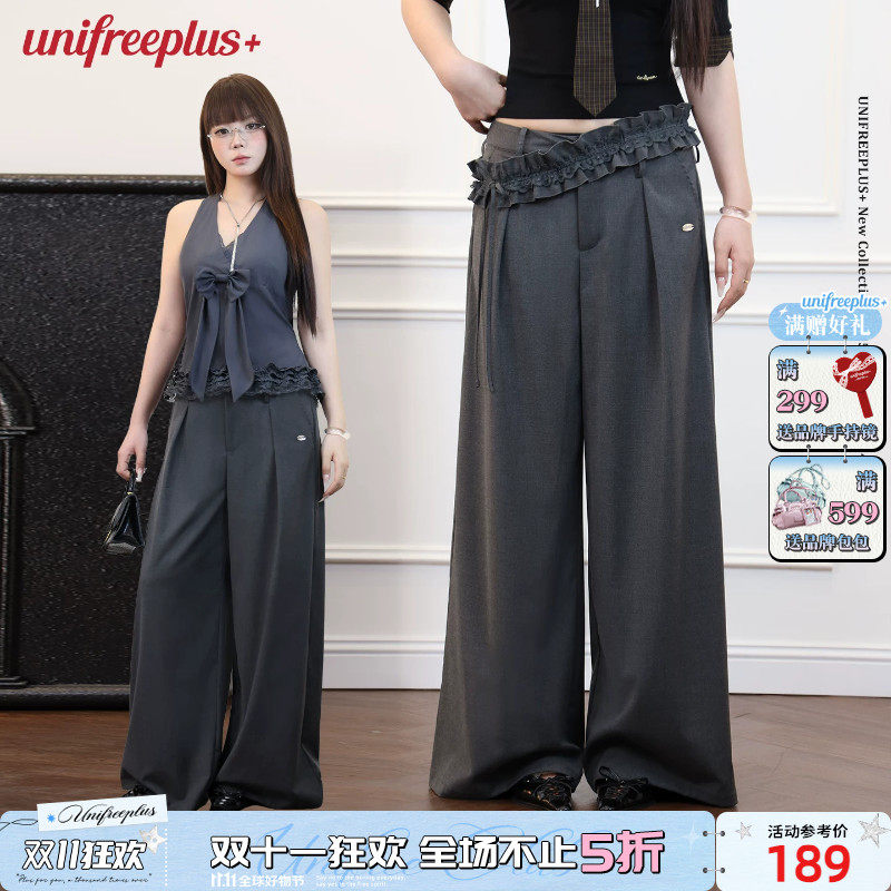 UNIFREEPLUS大码宽松西装裤女夏季荷叶边垂感阔腿拖地休闲长裤