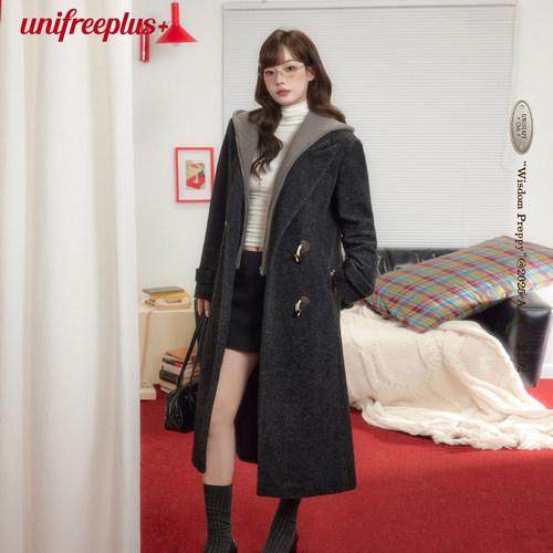 UNIFREEPLUS大码连帽毛呢大衣