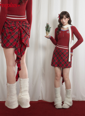 UNIFREEPLUS大码红色格纹半身裙新款立体蝴蝶结飘带A字版时尚短裙