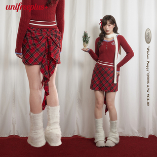 时尚 立体蝴蝶结飘带A字版 短裙 红色格纹半身裙新款 UNIFREEPLUS大码