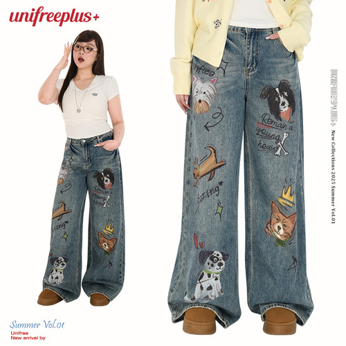 UNIFREEPLUS涂鸦阔腿牛仔裤