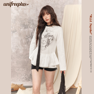 白色长袖 美式 UNIFREEPLUS大码 T恤女印花假两件宽松上衣 25年秋