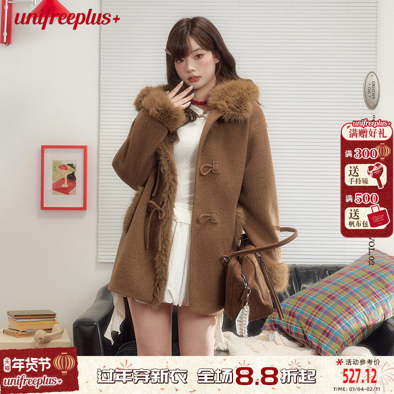 UNIFREEPLUS大码连帽羊毛大衣女复古英伦风毛边拼接中长款外套,女装/女士精品,常规大码外套,淘宝优惠券,粉丝福利购,淘宝优惠卷