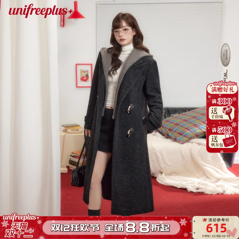 UNIFREEPLUS大码连帽毛呢大衣