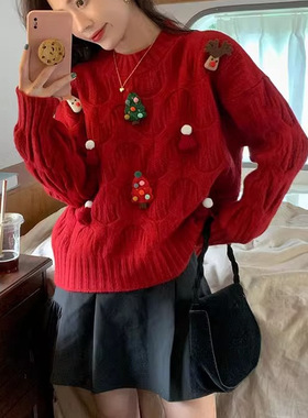 新年圣诞红色毛衣女冬季新款小个子洋气氛围感宽松显瘦针织衫上衣