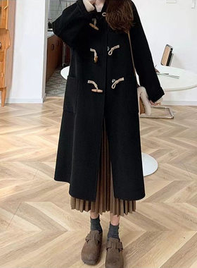 黑色日系牛角扣呢子大衣女2025秋冬新款小个子加厚学院风毛呢外套