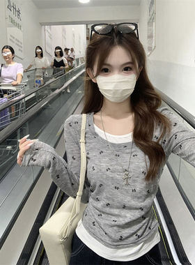 灰色假两件蝴蝶结长袖t恤女初春早秋短款修身收腰内搭打底衫上衣
