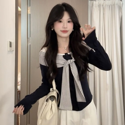 韩系纯欲海军领长袖针织衫女秋季内搭修身设计感巨好看漂亮小上衣