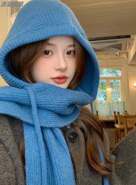 蓝色巴拉克拉法帽大头围护耳保暖毛线帽针织围巾一体冬季女款帽子