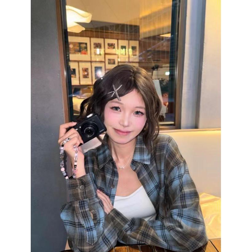 美式覆古格子长袖衬衫女