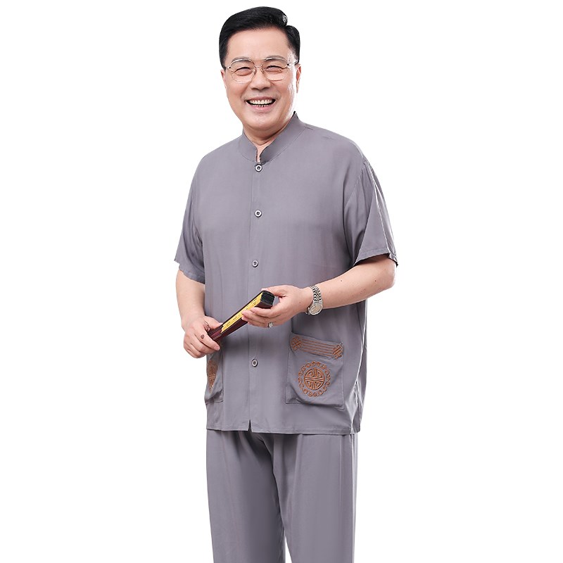 老人棉绸睡c衣男士开衫爷爷款中年爸爸人造绵绸家居服夏季短袖套
