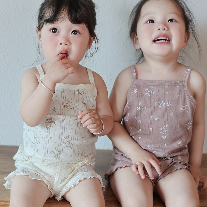 夏季宝宝吊带套装女宝睡衣女孩花边婴儿N木耳边背心短裤两件套