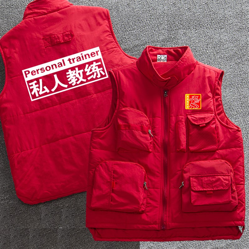私人健身教练工作服秋冬外套v多口袋摄影马甲加绒保暖背心坎肩马