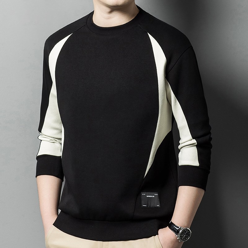 男士长袖T恤圆领卫衣2023新款秋E装厚体恤春秋衣无领插肩袖打底衫