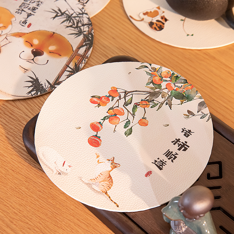 皮革隔热垫防水防油免洗小桌垫z中式柯基圆防烫耐高温餐垫碗盘垫