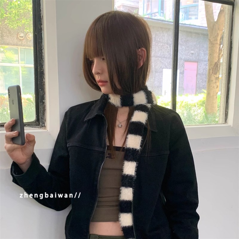 郑佰万 黑白细围巾女百搭韩x系长条秋冬针织围脖装饰窄版千禧风潮