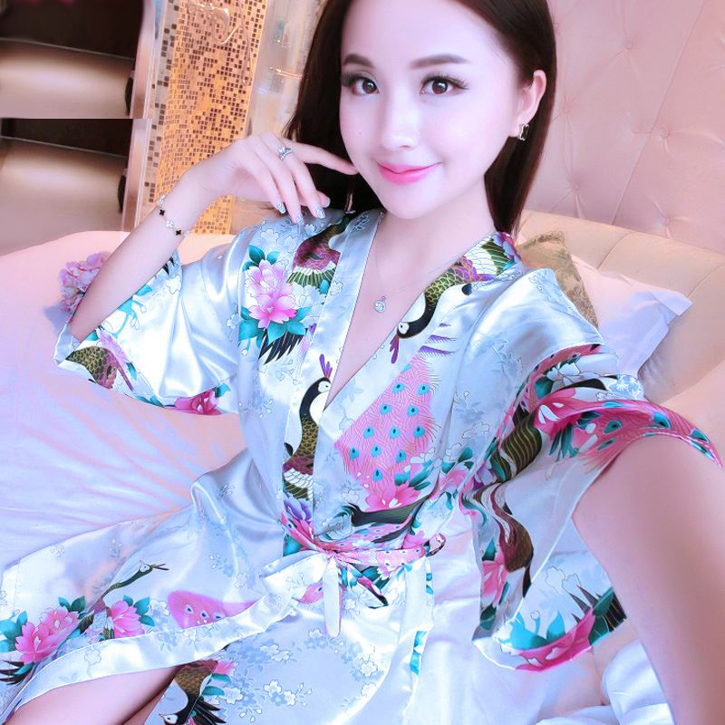 夏季短袖真丝睡衣女士性感睡袍中长F款韩日式和服系带浴袍丝绸睡