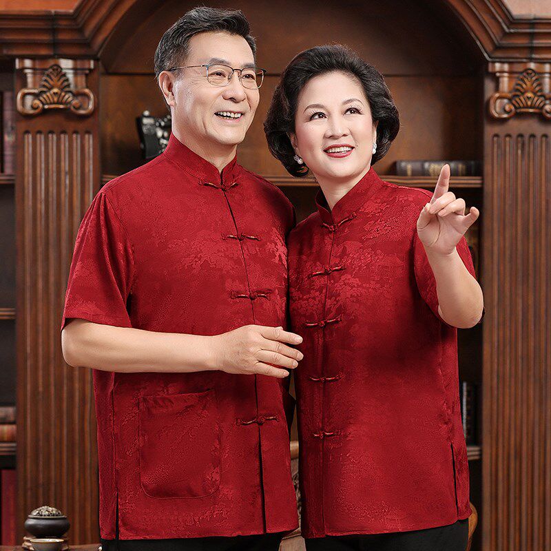 情侣唐装男女短袖k套装桑蚕丝爸妈装中式汉服老人生日过寿宴会夏