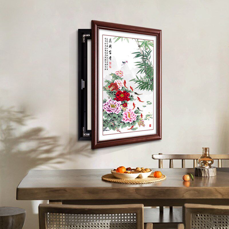 花开富贵牡丹图挂画新中式电表箱装饰画竖款配电箱电闸开关遮挡盒