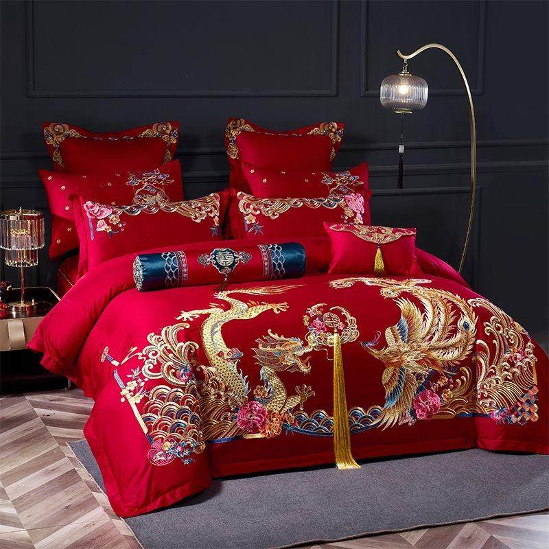结婚婚房四件套床上用品全棉刺绣高端喜庆大红色龙凤新婚庆喜被套
