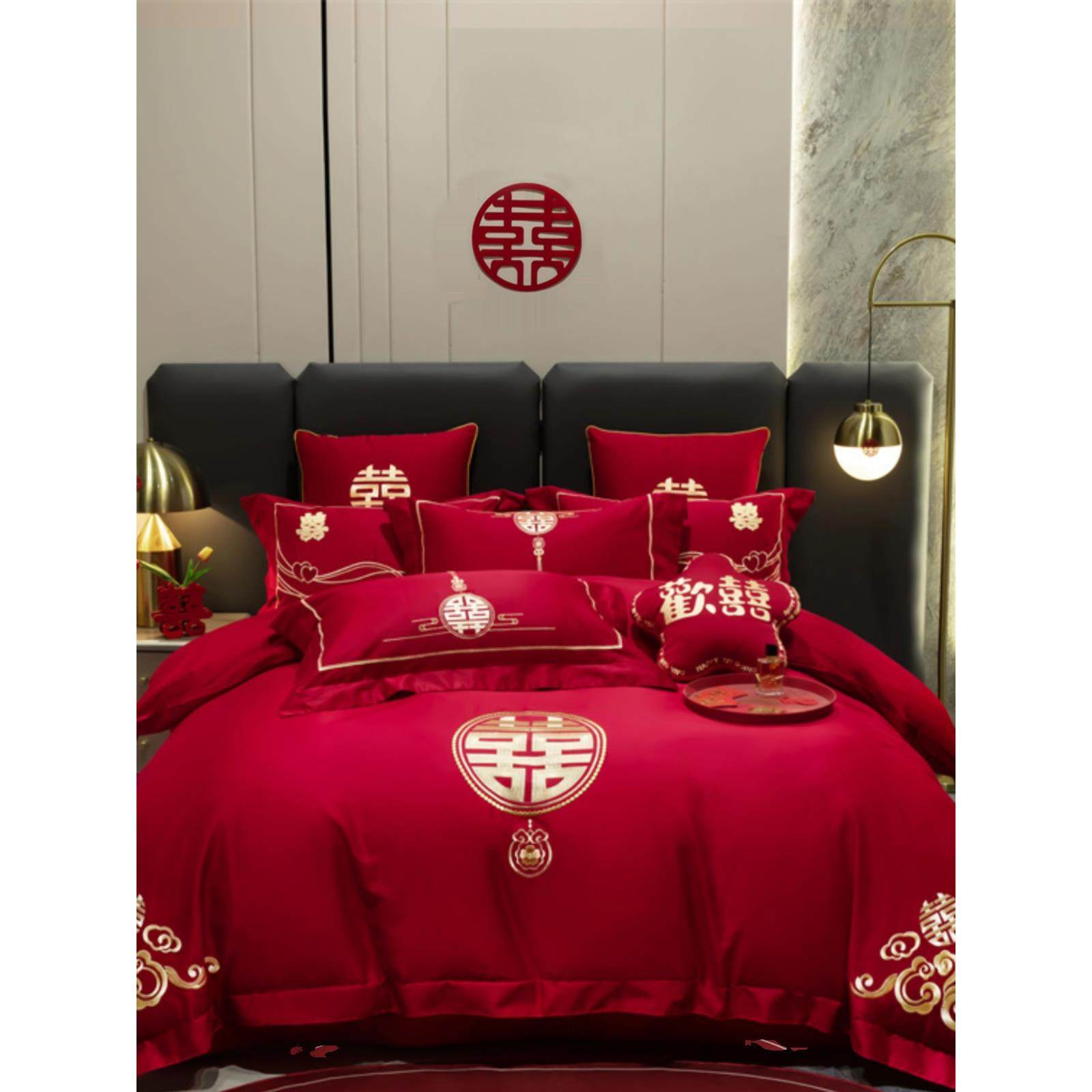 简约婚庆四件套大红全棉中式喜庆爱心新结婚房嫁礼床上用品床单笠