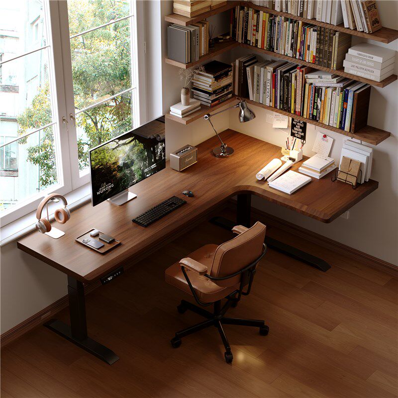 转角电动升降桌卧室家用实木书桌7字L型拐角电脑桌办公桌子工作台