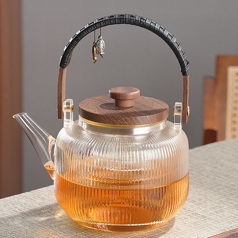 2025新款茶水分离一体玻璃茶壶电陶炉烧水壶胡桃木隔热美观泡茶壶