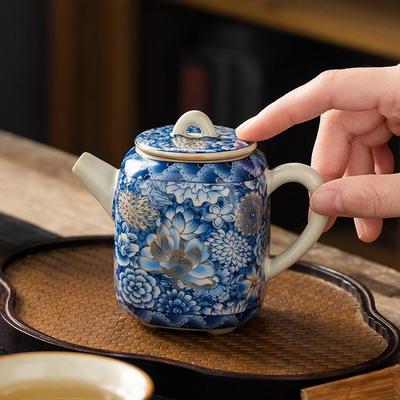汝窑金万花有方壶茶壶家用高档泡茶壶陶瓷精致茶水壶单壶功夫茶具