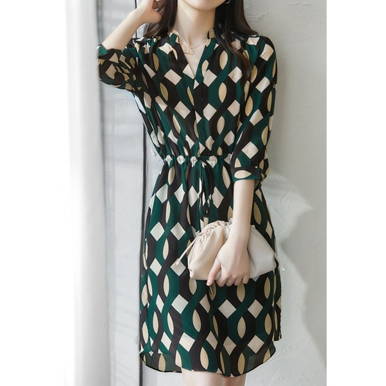 优雅几何真丝裙子 桑蚕丝印花连衣裙 2025女装新款中长裙显瘦V领