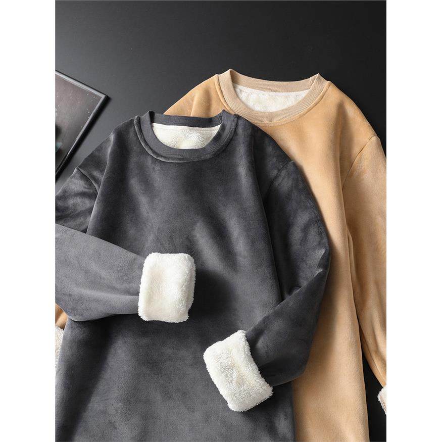 羊羔绒加绒加厚修身圆领打底衫男长袖双面绒保暖冬季内搭T恤上衣I