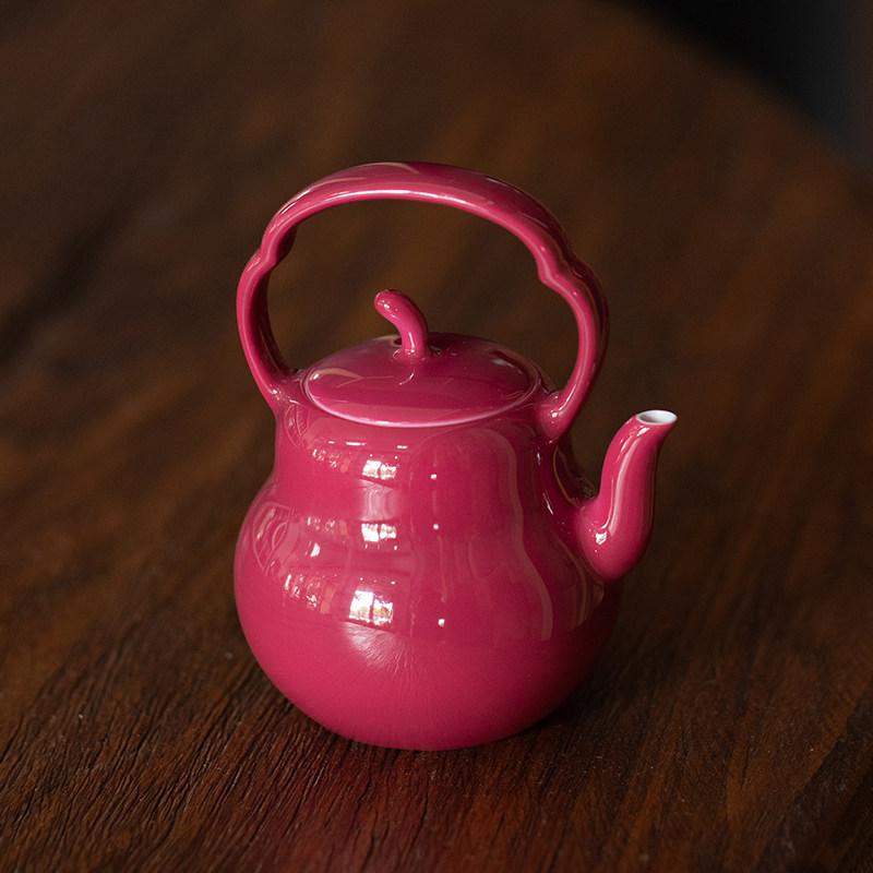 稀雀粉彩溢珍堂非遗传人余晓彦出品胭脂红提梁壶